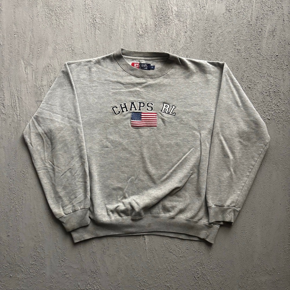 Vintage Chaps Ralph Lauren American Flag Embroidered Sweatshirt Men XL Gray 90s